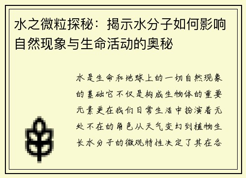水之微粒探秘：揭示水分子如何影响自然现象与生命活动的奥秘